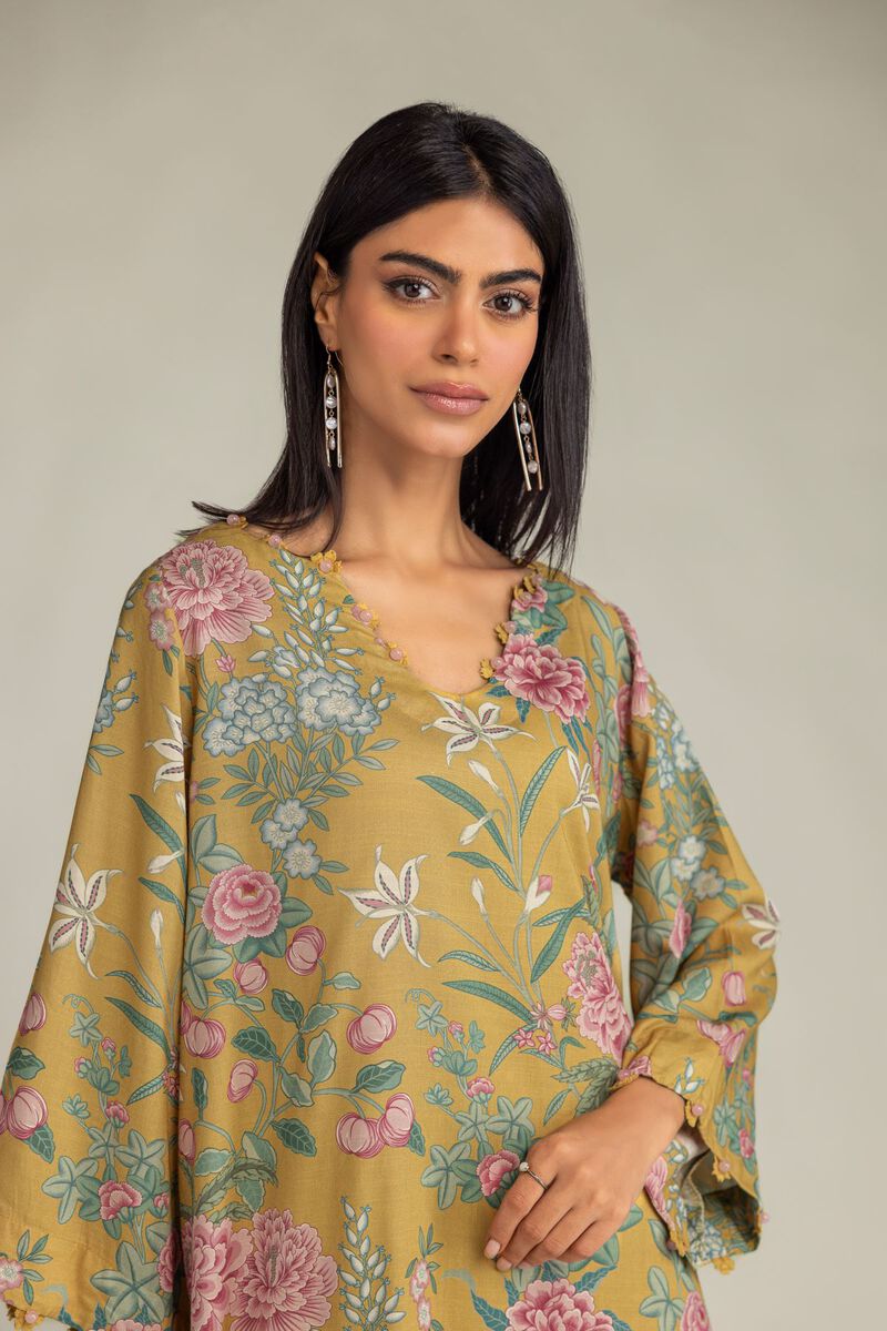 Printed | Raw Silk | Short Mustard Kurta | USD 40.00