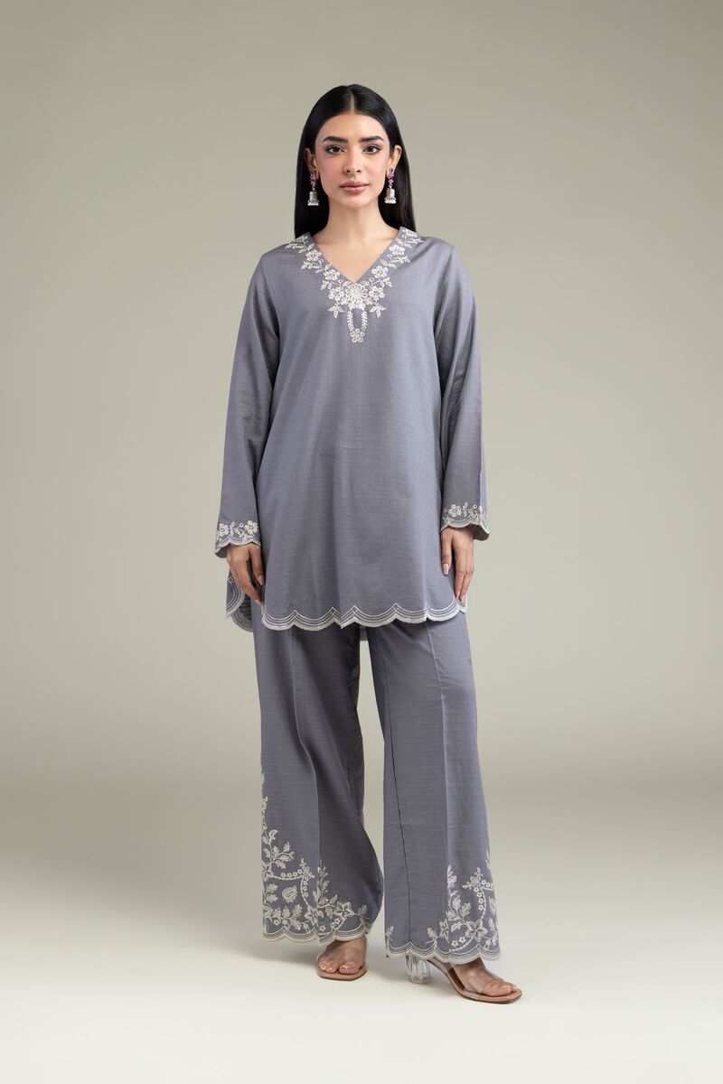Embroidered | Cotton Dobby | Gray Floral Pants | USD 40.00
