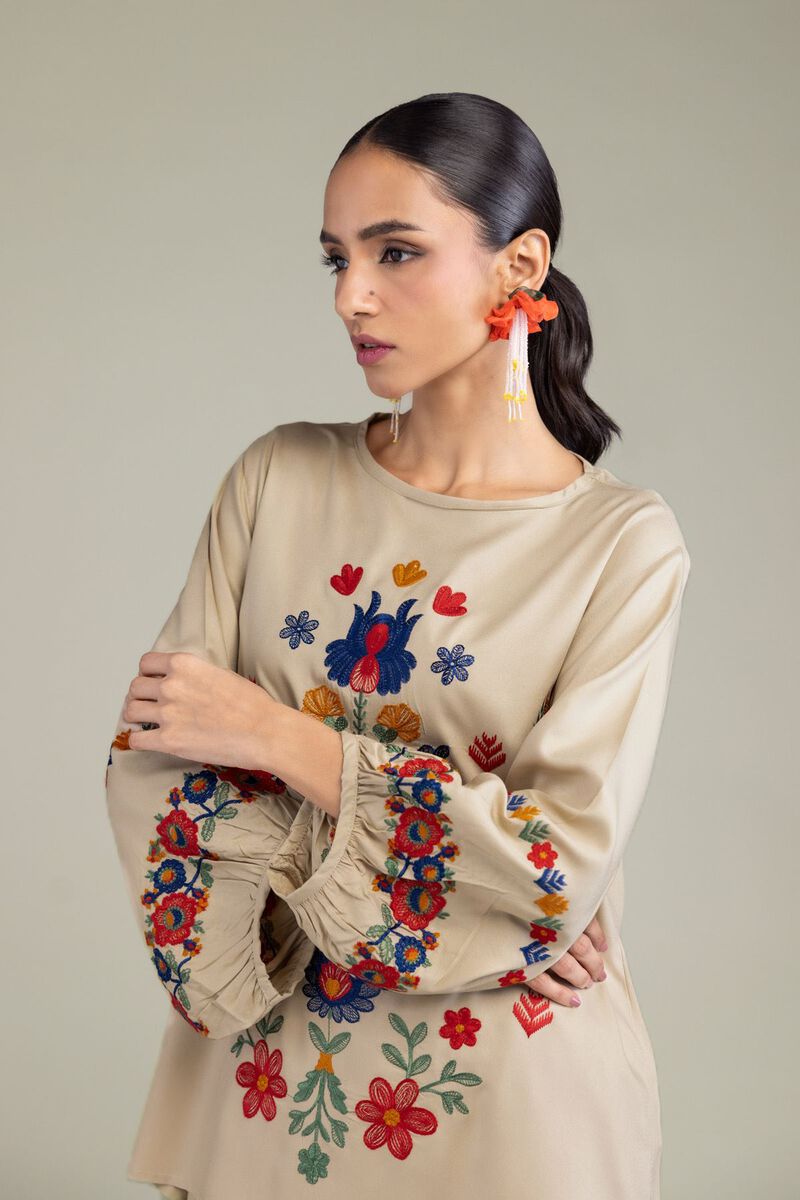 Embroidered | Viscose Crepe | Floral Beige Blouse | null