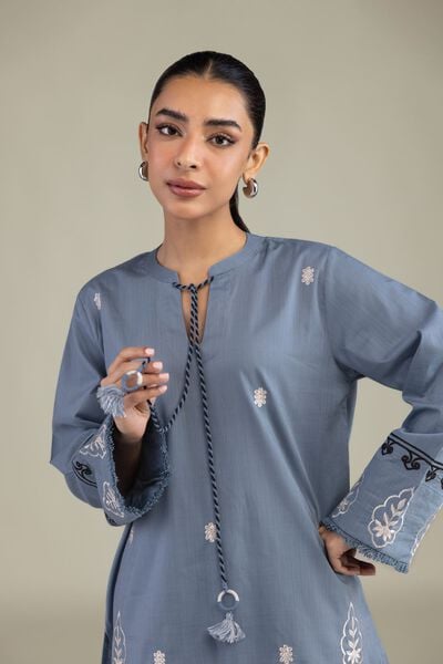 Textured Cotton | Embroidered | Blue Cotton Kurta | USD 40.00