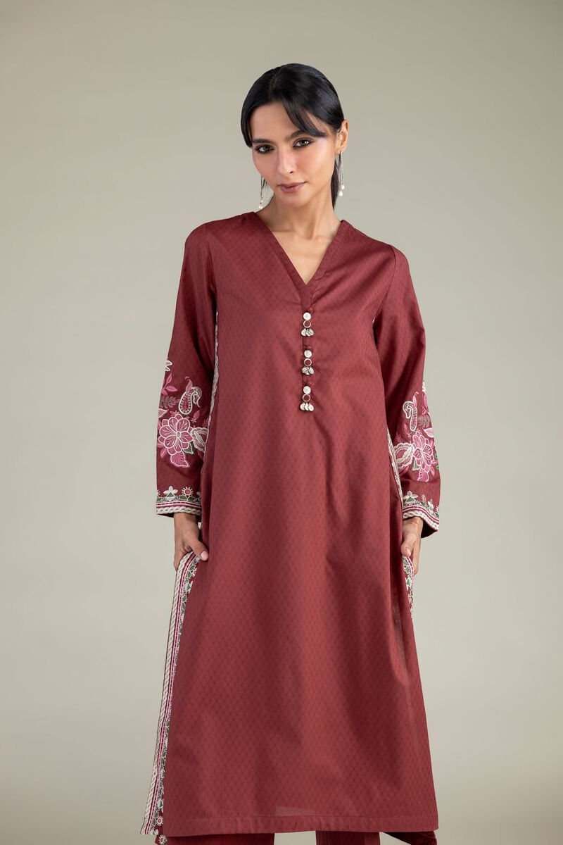 Embroidered | Cotton Dobby | Maroon V-Neck Kurta | USD 45.00