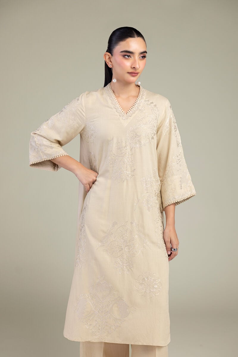 Embroidered | Raw Silk | Floral V-Neck Kurta | USD 60.00
