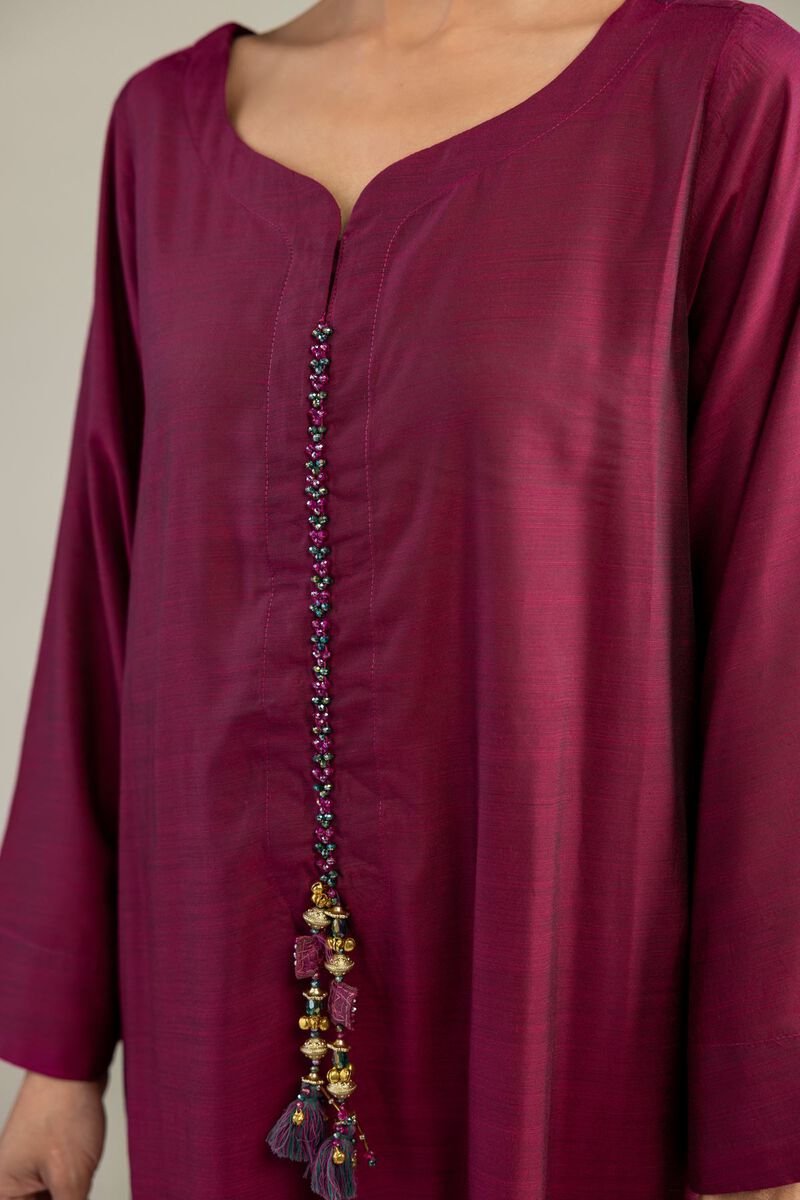 Dyed | Textured Raw Silk | Maroon Longline Kurta | USD 40.00