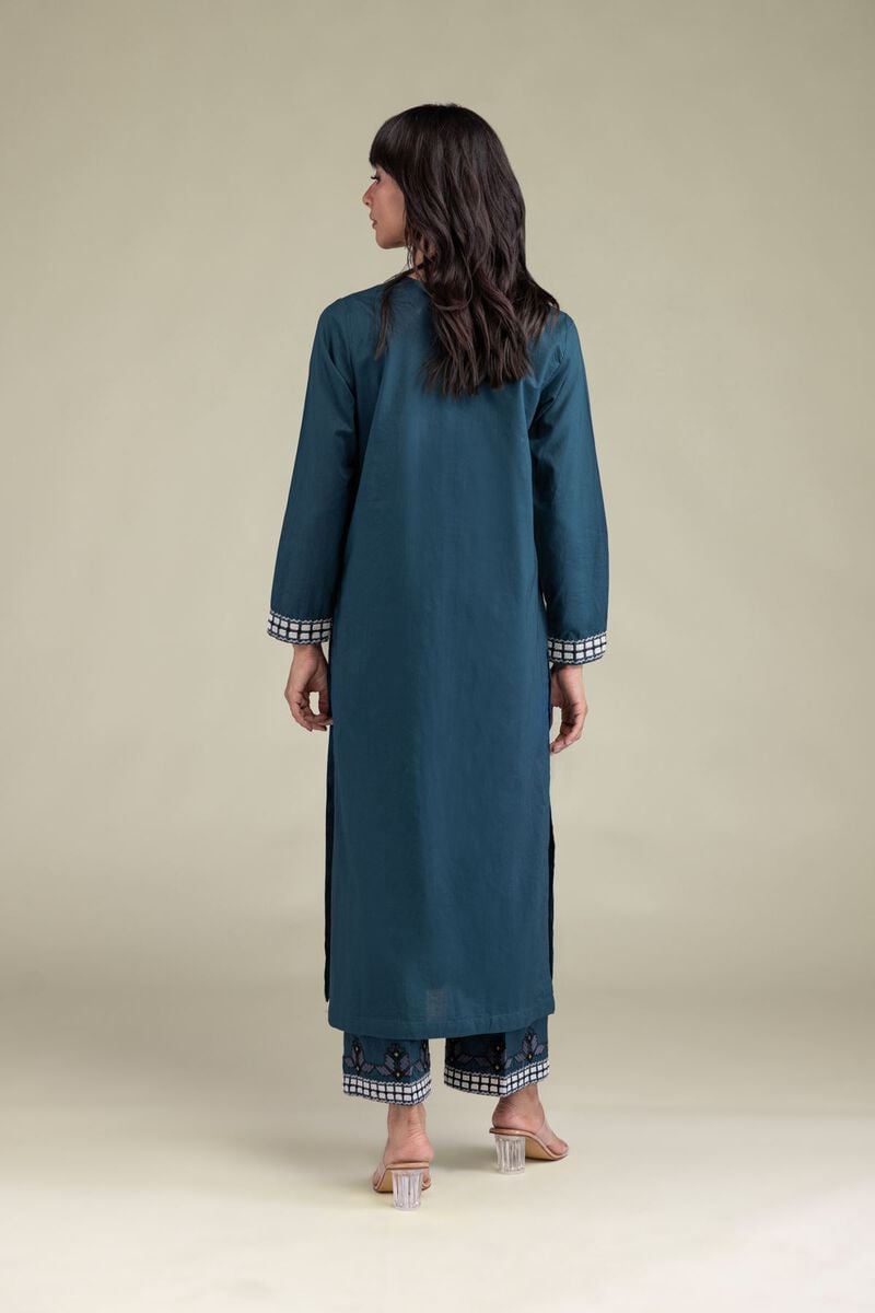Embroidered | Cambric | Teal Longline Kurta | USD 35.00