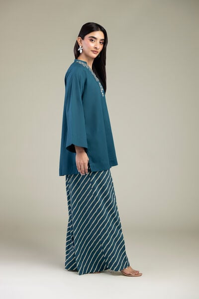 Embroidered | Cambric | Teal Cambric Pants | USD 30.00