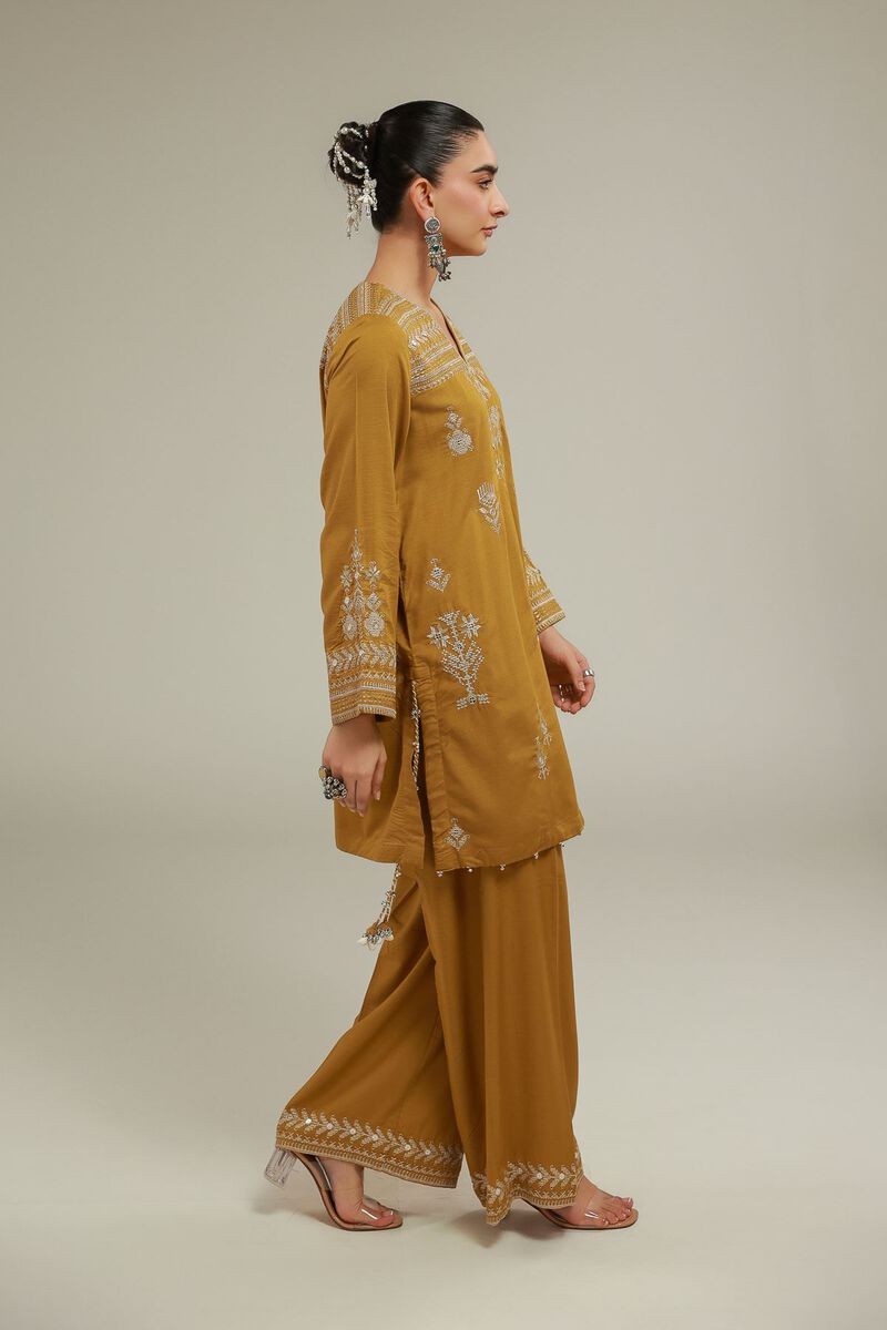 Embroidered | Raw Silk | Geometric V-Neck Kurta | USD 55.00