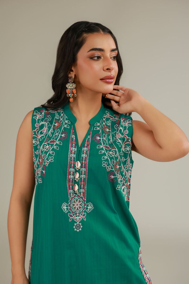 Embroidered | Cotton Dobby | Green Sleeveless Kurta | USD 35.00