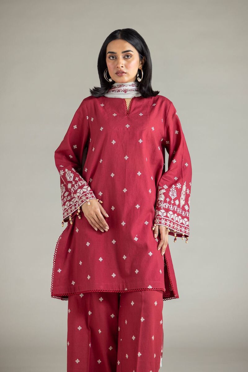 Embroidered | Cambric | Red Tailored Set | USD 70.00
