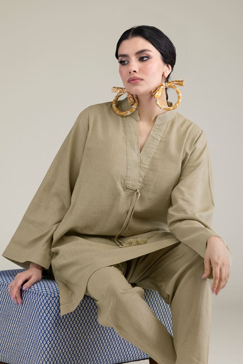 Dyed | Blended Linen | V-Neck Band-Collar Kurta | USD 35.00