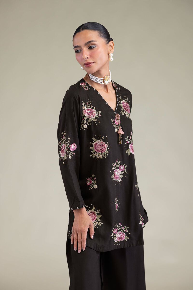 Embroidered | Raw Silk | Black Floral Kurta | USD 27.50