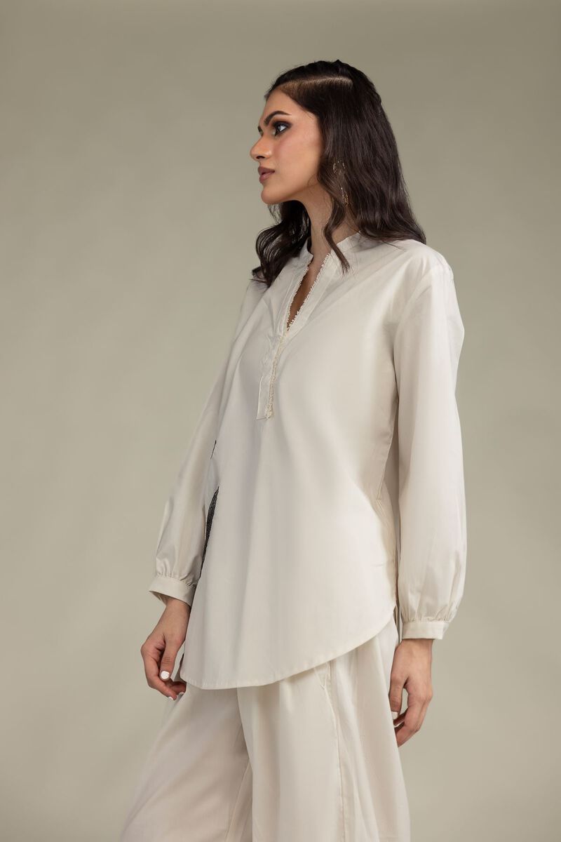 Embroidered | Poplin | Floral Band-Collar Shirt | USD 35.00