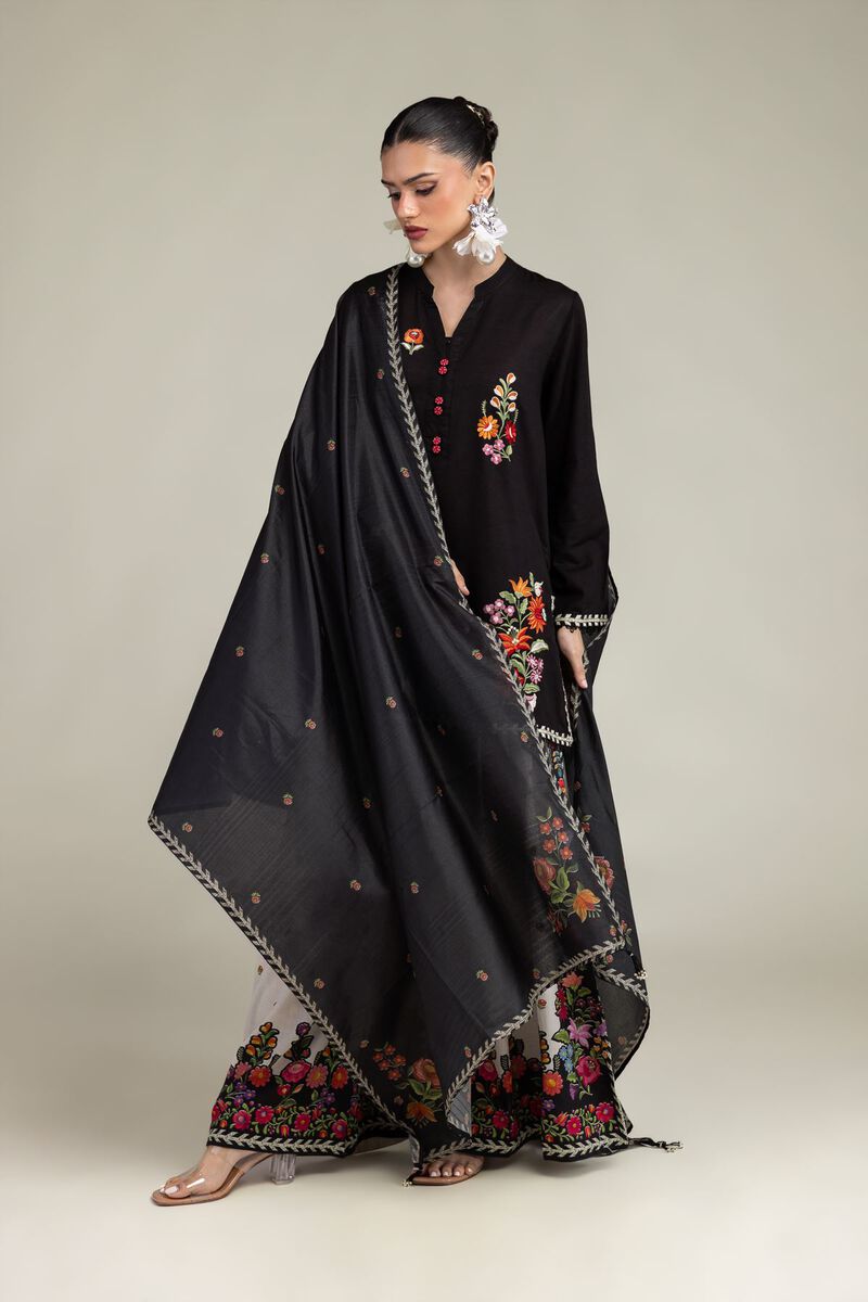 Embroidered | Polyester Silk | Black Floral Dupatta | USD 30.00