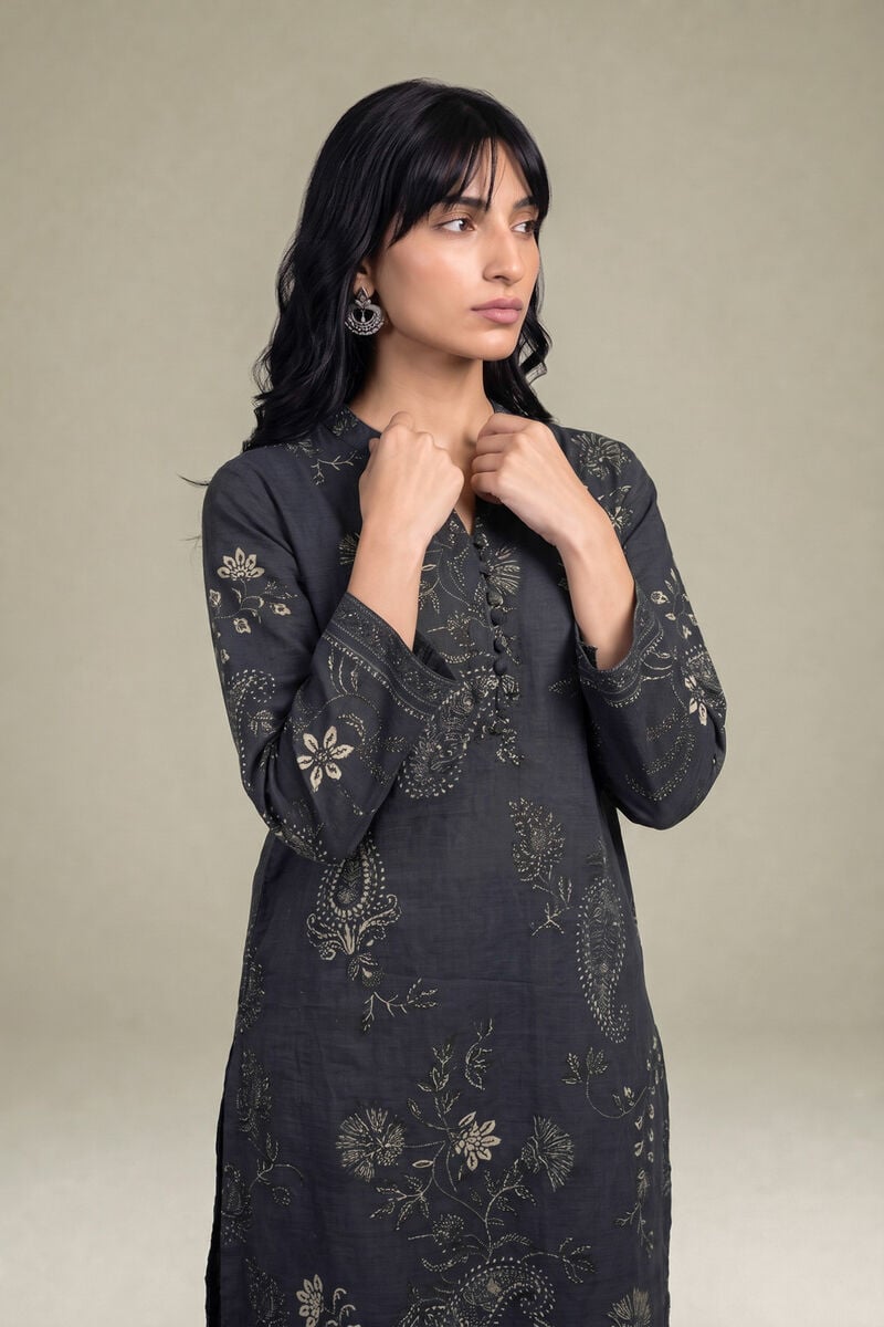 Printed | Light Khaddar | Black V-Neck Kurta | USD 40.00