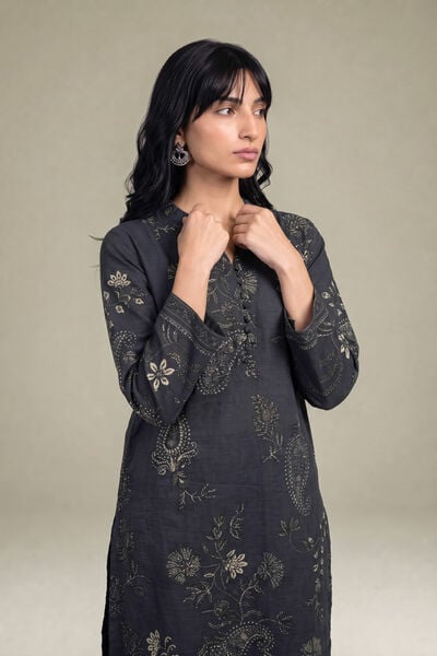 Printed | Light Khaddar | Black V-Neck Kurta | USD 40.00