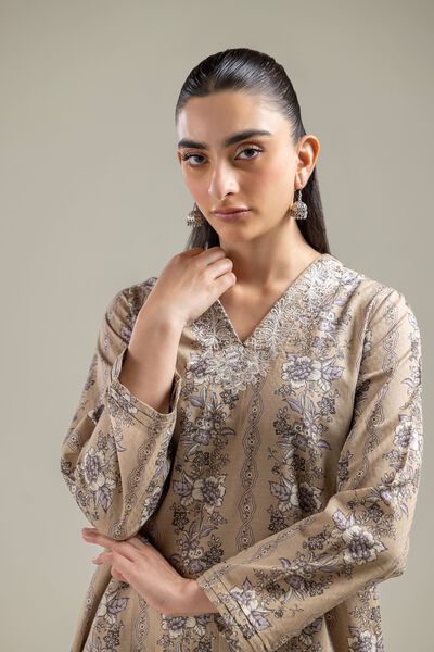 Embroidered | Cotton Dobby | Beige V-Neck Kurta | USD 35.00