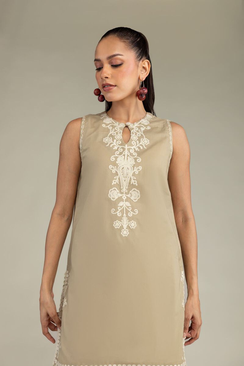 Embroidered | Cambric | Beige Sleeveless Kurta | USD 45.00