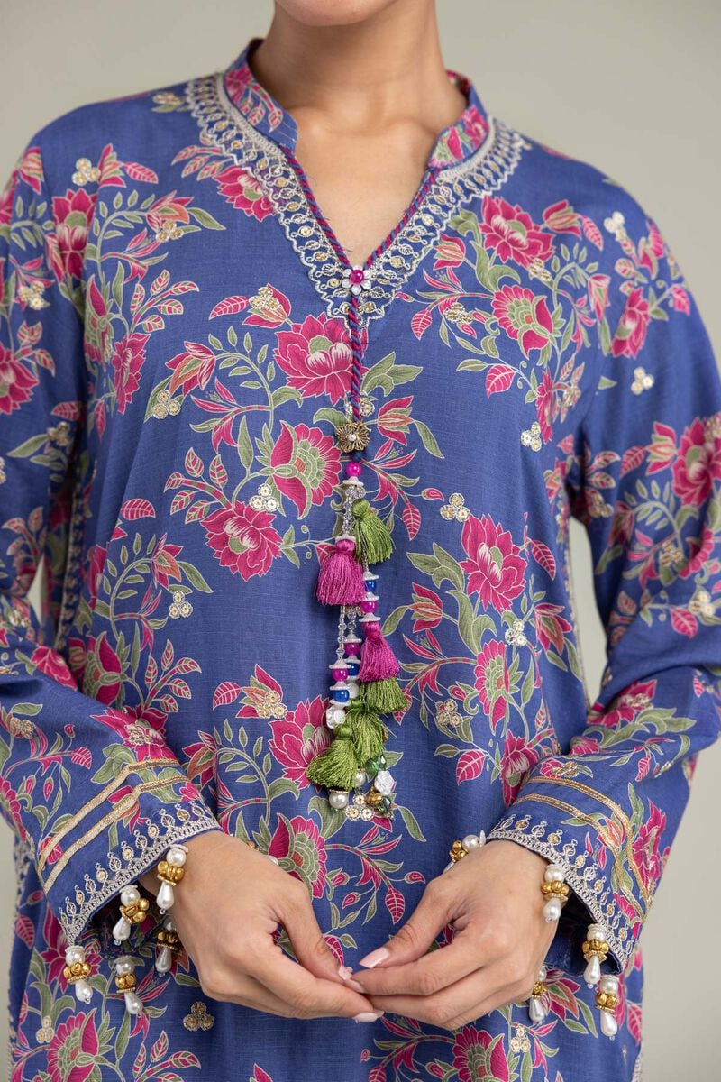 Embroidered | Raw Silk | Blue V-Neck Kurta | USD 65.00