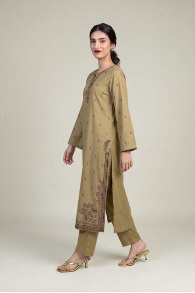 Embroidered | Raw Silk | Solid Olive Pants | USD 30.00