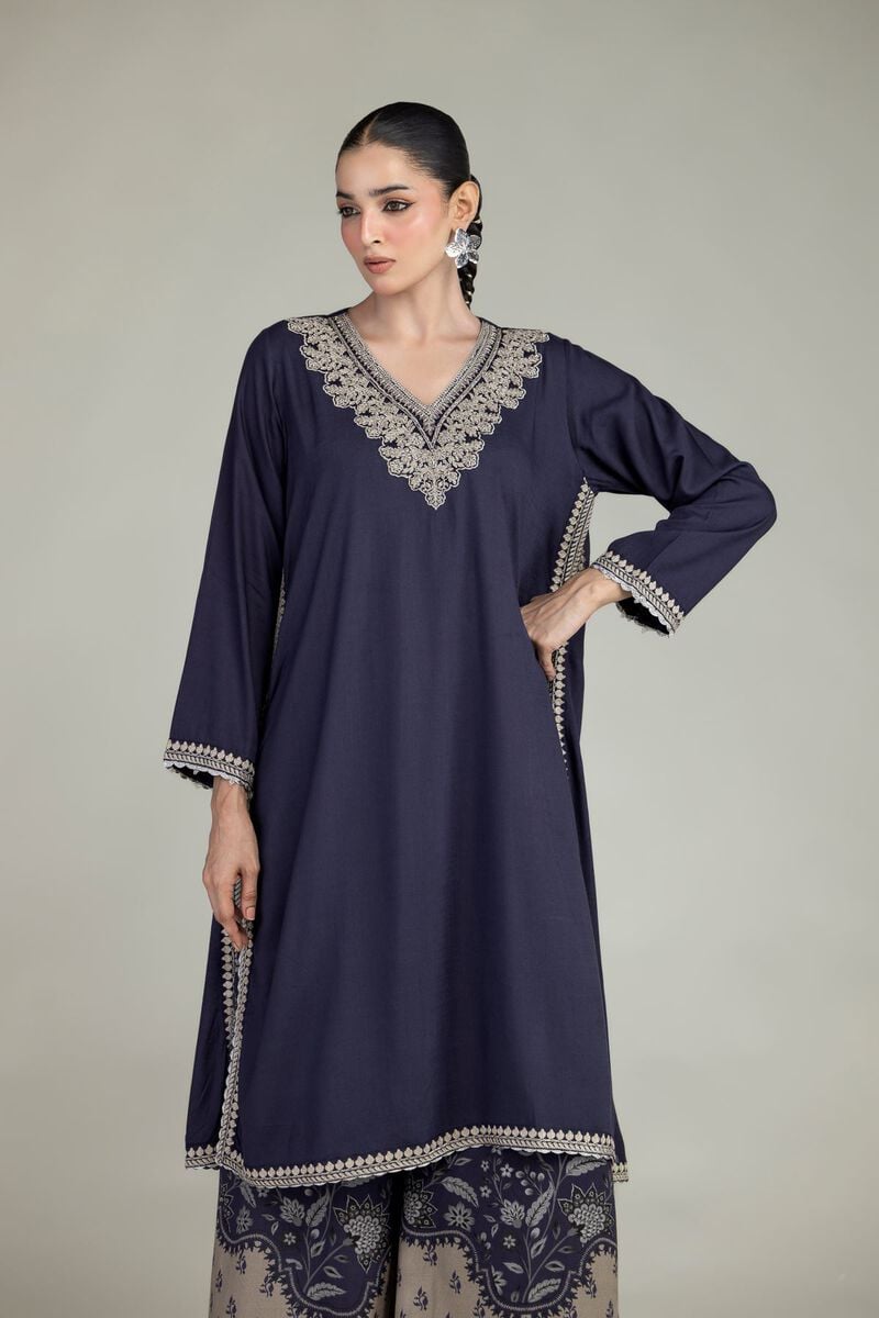 Embroidered | Raw Silk | Navy V-Neck Kurta | USD 60.00
