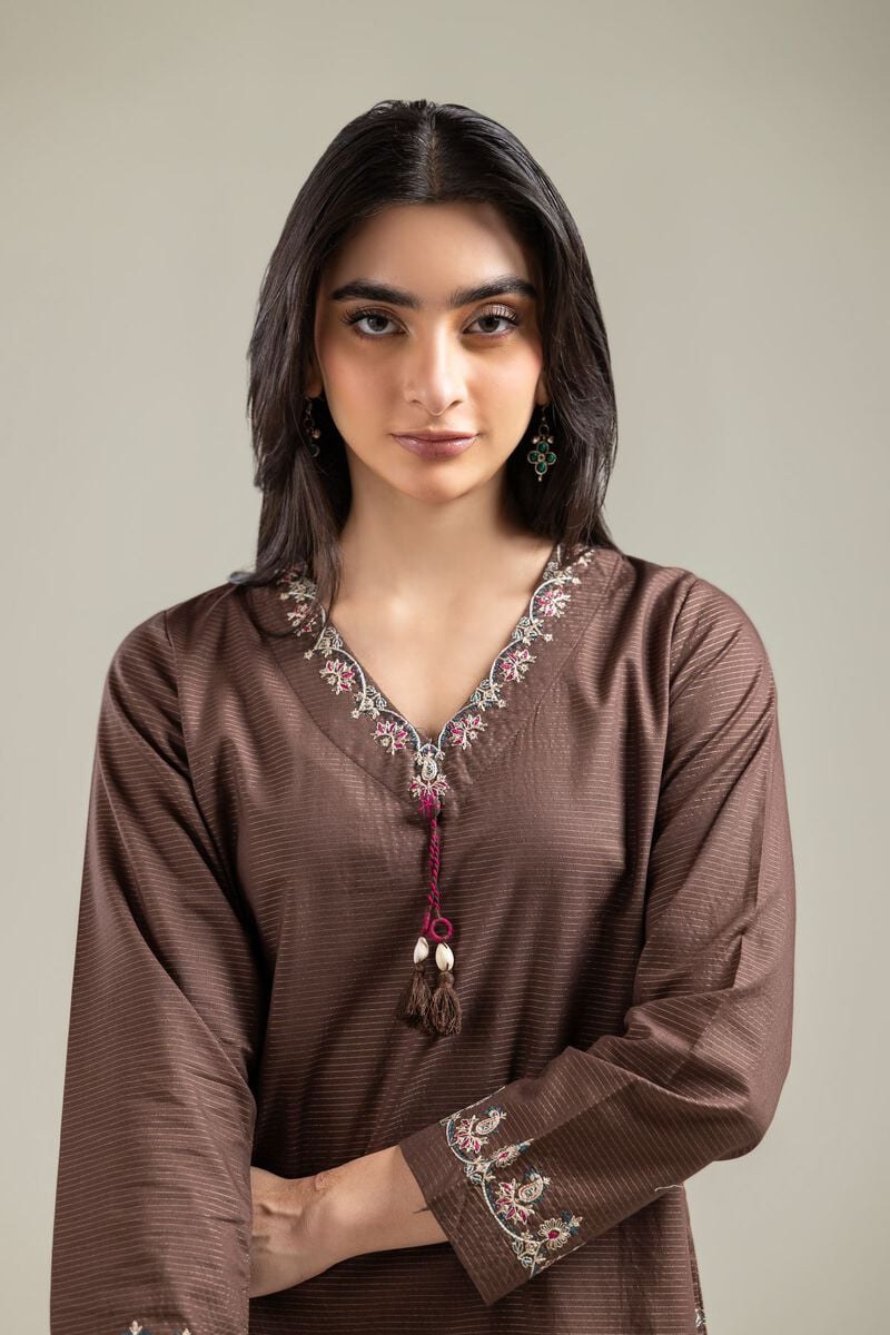 Embroidered | Mesuri | Brown V-Neck Kurta | USD 35.00