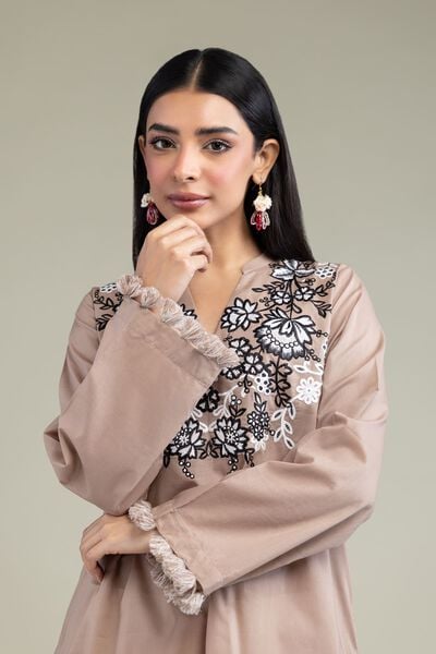 Embroidered | Cambric | Floral Beige Kurta | USD 35.00