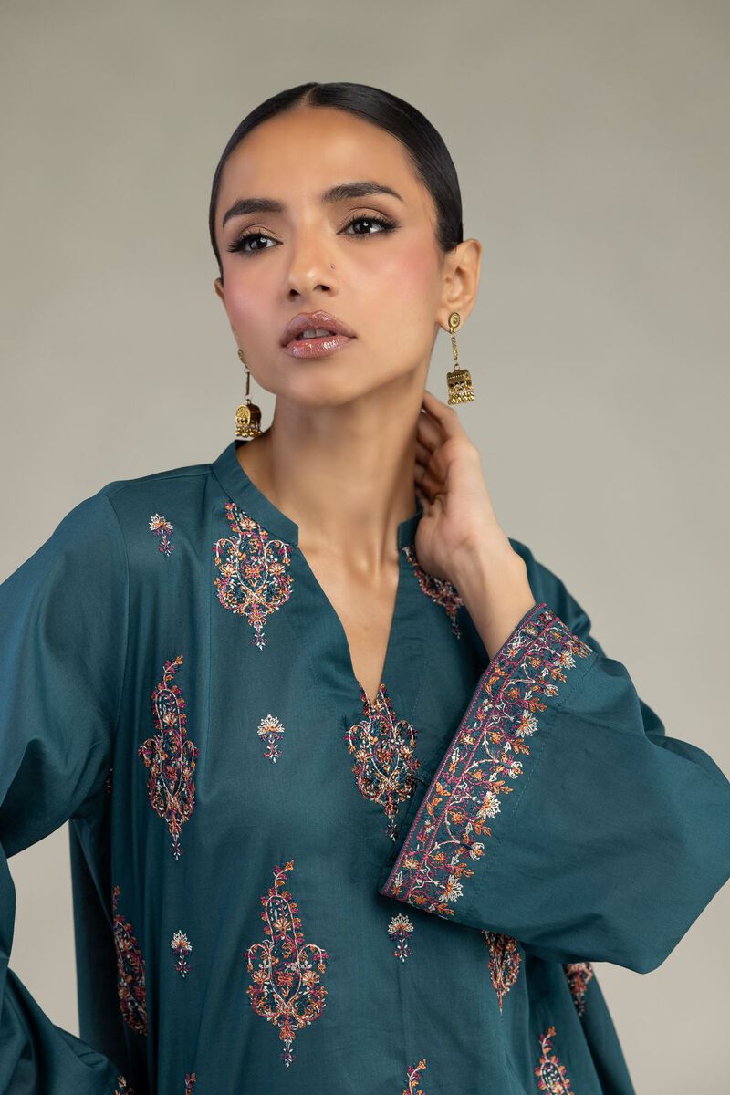 Embroidered | Cambric | Short Teal Kurta | USD 35.00