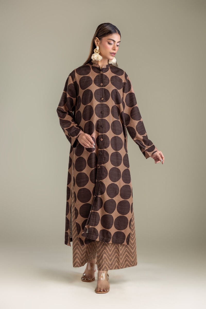 Printed | Light Khaddar | Brown Longline Kurta | USD 35.00