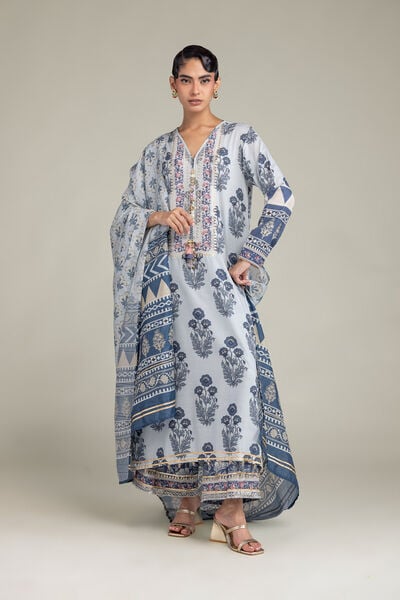 Embroidered | Raw Silk | Floral Blue Kurta | USD 65.00