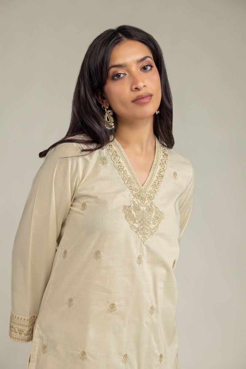 Embroidered | Cambric | Beige V-Neck Kurta | USD 40.00
