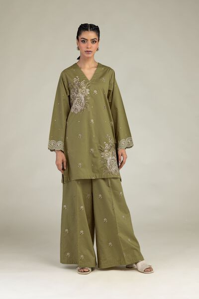 Embroidered | Cotton Dobby | Floral Olive Pants | USD 35.00