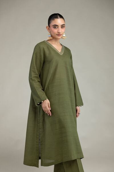 Dyed | Textured Cotton | Olive V-Neck Kurta | USD 35.00