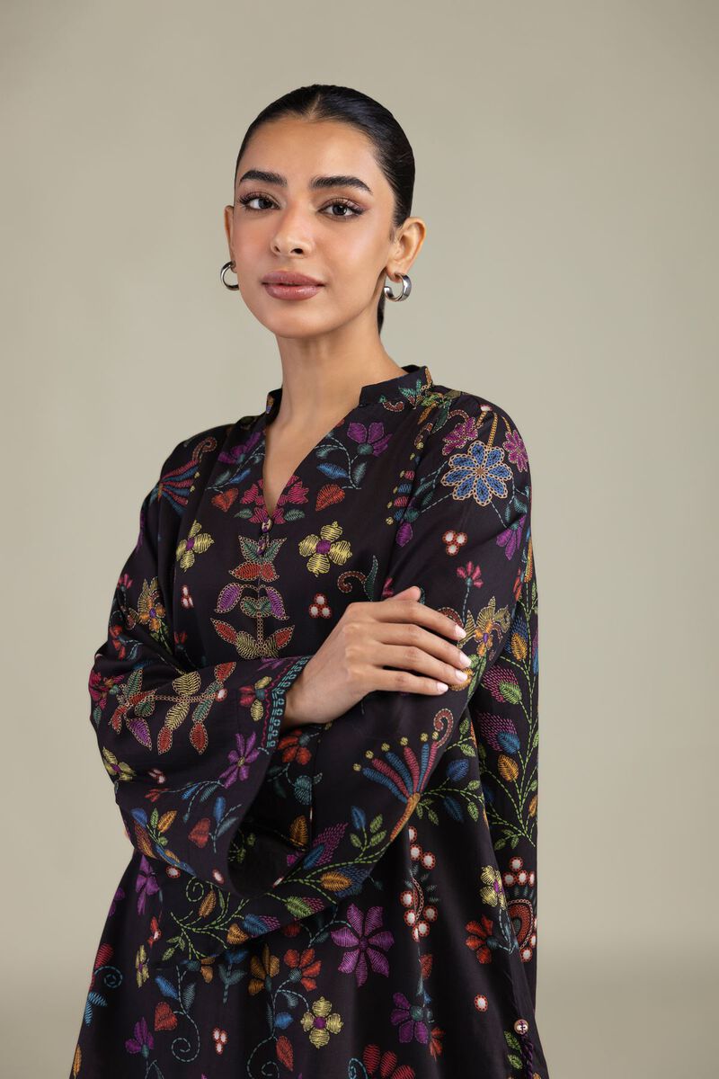 Printed | Textured Weave | Black V-Neck Kurta | USD 35.00