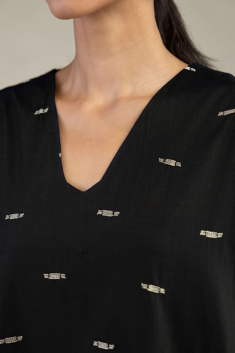 Textured Cotton | Embroidered | Black V-Neck Kurta | USD 40.00