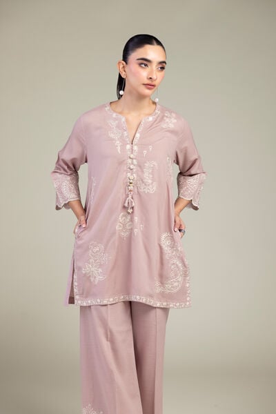 Embroidered | Raw Silk | V-Neck Pink Kurta | USD 55.00