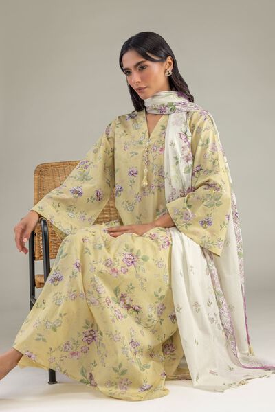 Printed | Cambric | Yellow V-Neck Kurta | USD 35.00