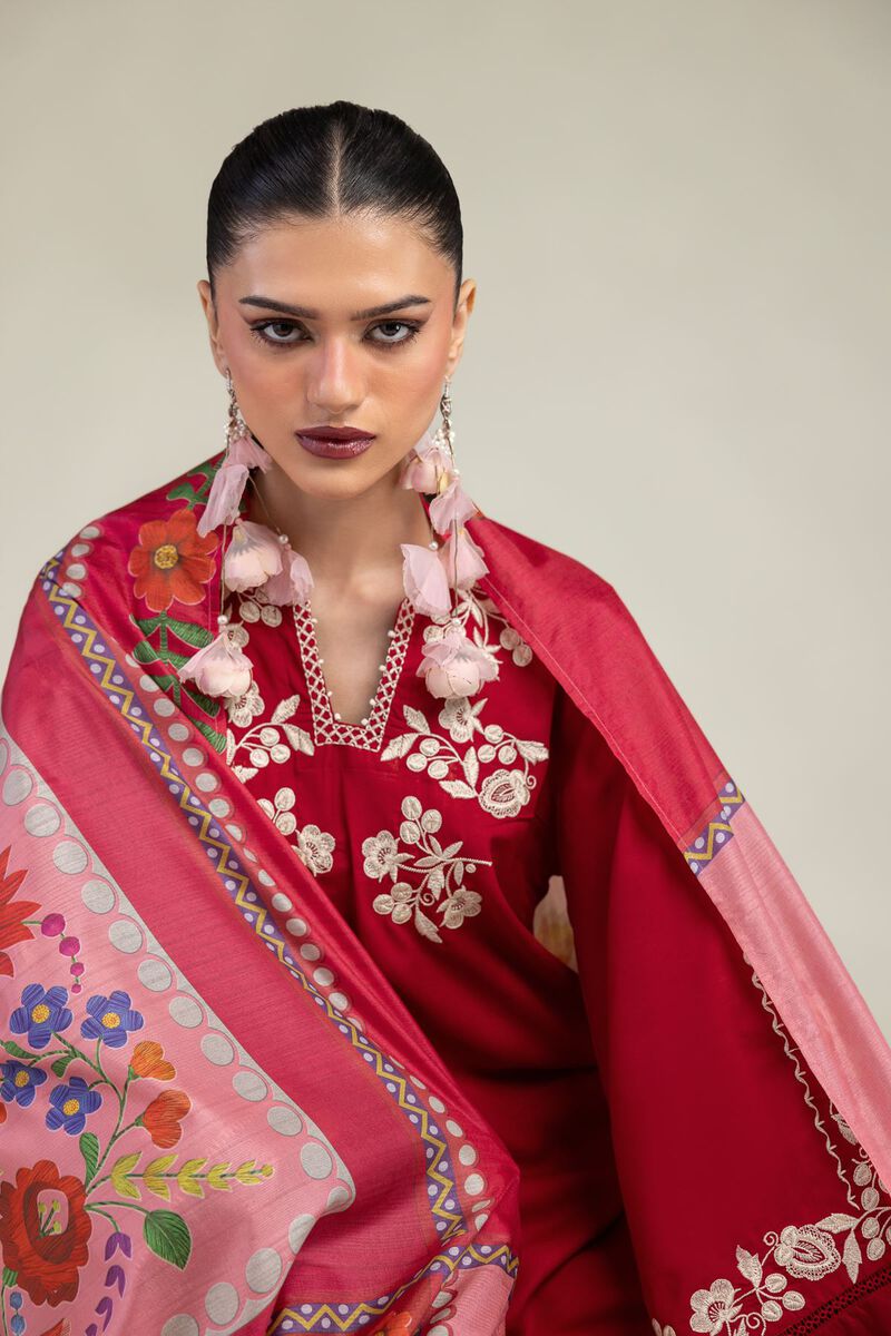 Embroidered | Polyester Silk | Red Floral Dupatta | USD 30.00