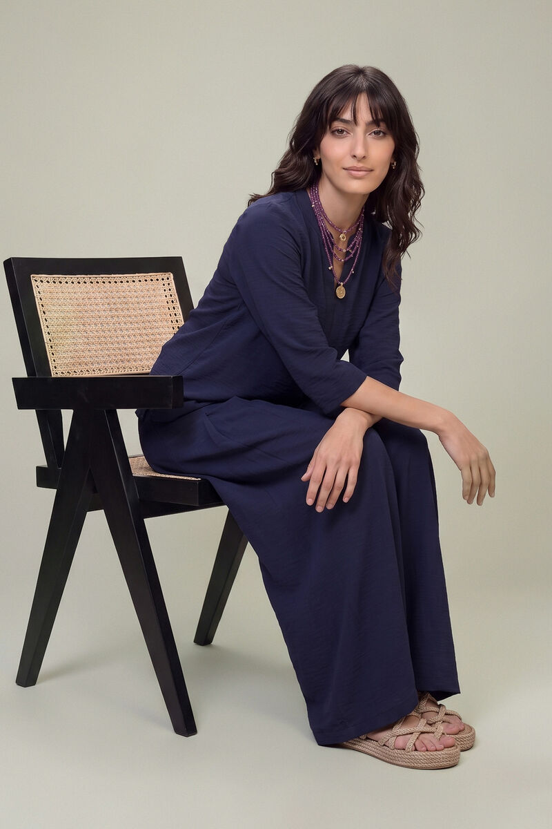 Dyed | Textured Georgette | V-Neck Navy Tunic | USD 40.00
