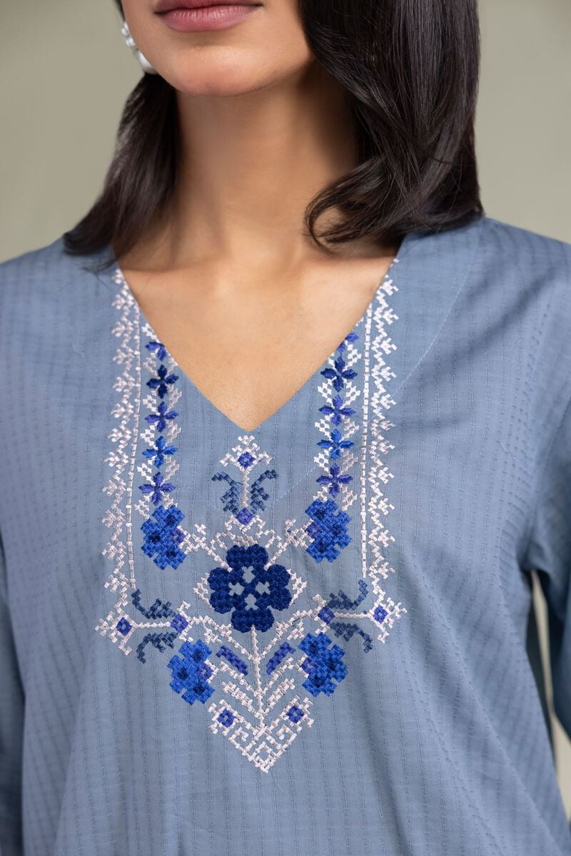 Embroidered | Cotton Dobby | Blue V-Neck Kurta | USD 35.00