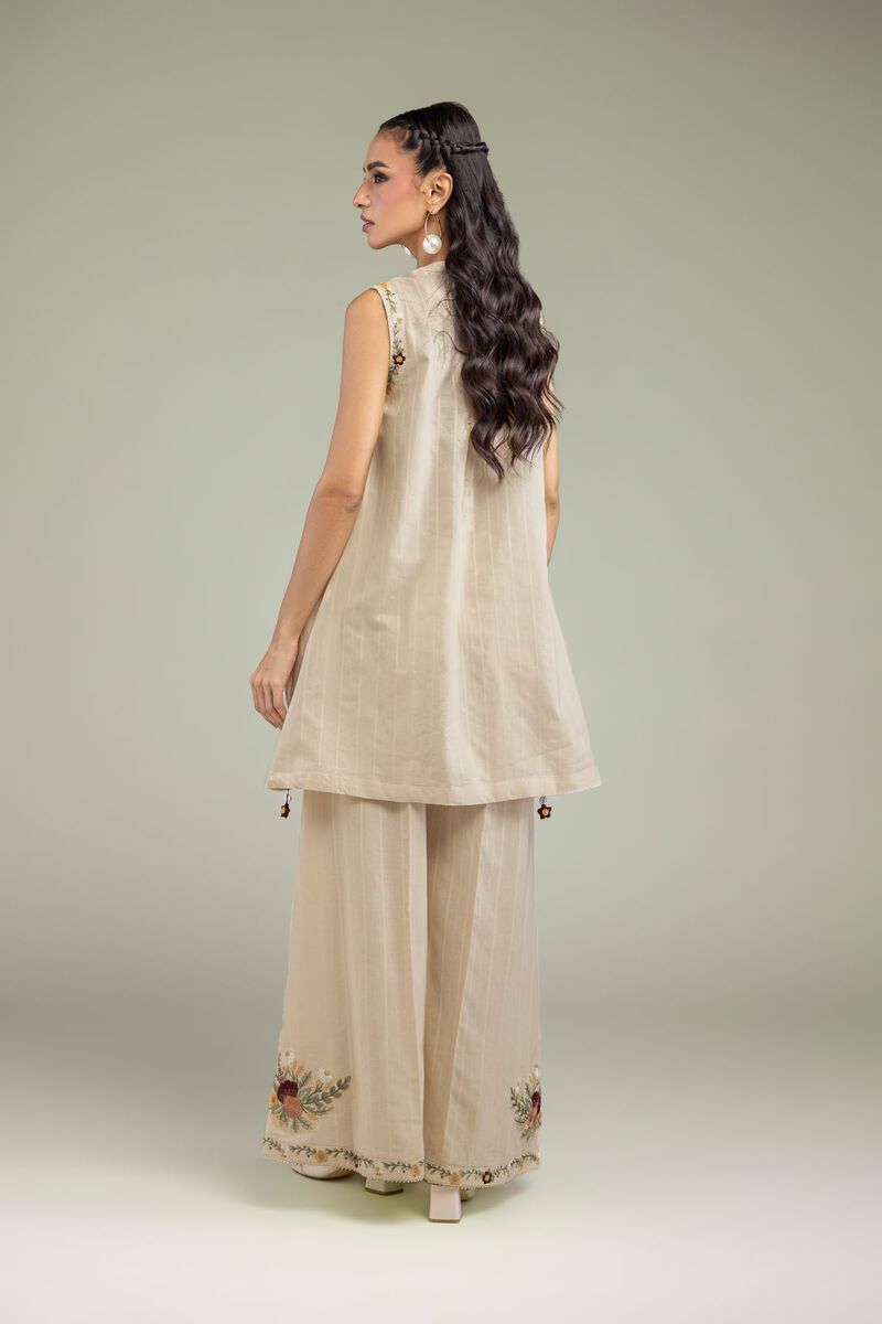 Embroidered | Textured Cotton | Beige Sleeveless Kurta | USD 45.00