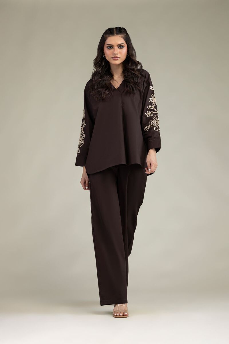 Embroidered | Poplin | Brown V-Neck Blouse | USD 35.00