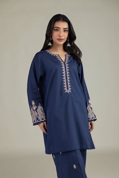 Embroidered | Cambric | Navy V-Neck Kurta | USD 35.00