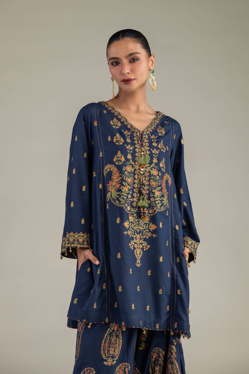 Printed | Raw Silk | Navy Silk Kurta | null