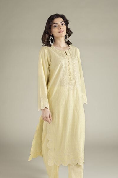 Embroidered | Cotton Dobby | Yellow Tailored 2-Piece | USD 65.00