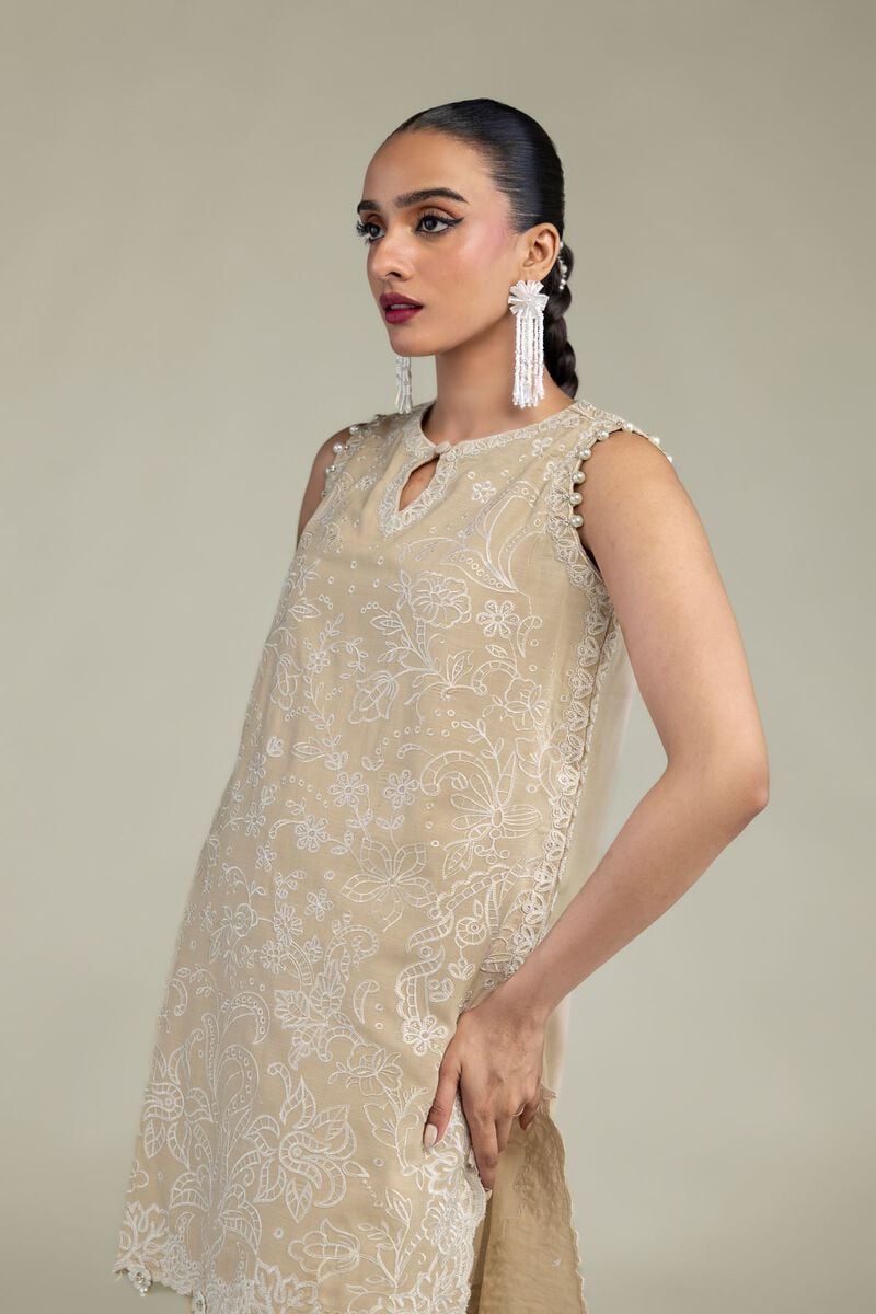 Embroidered | Raw Silk | Beige Sleeveless Kurta | USD 75.00