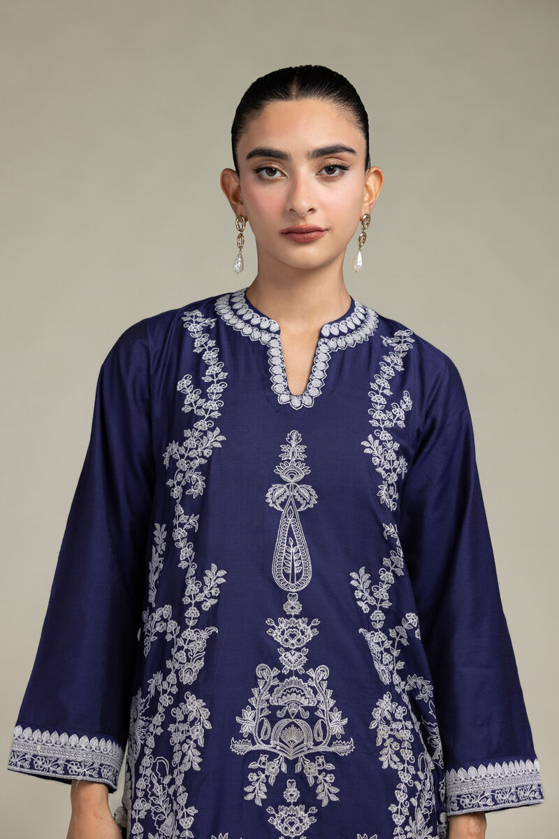 Raw Silk | Navy Floral Kurta | USD 75.00