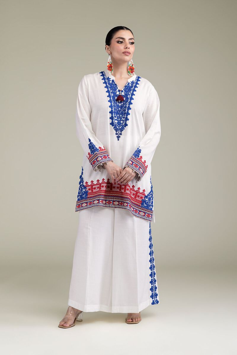 Embroidered | Raw Silk | White V-Neck Kurta | USD 13.50