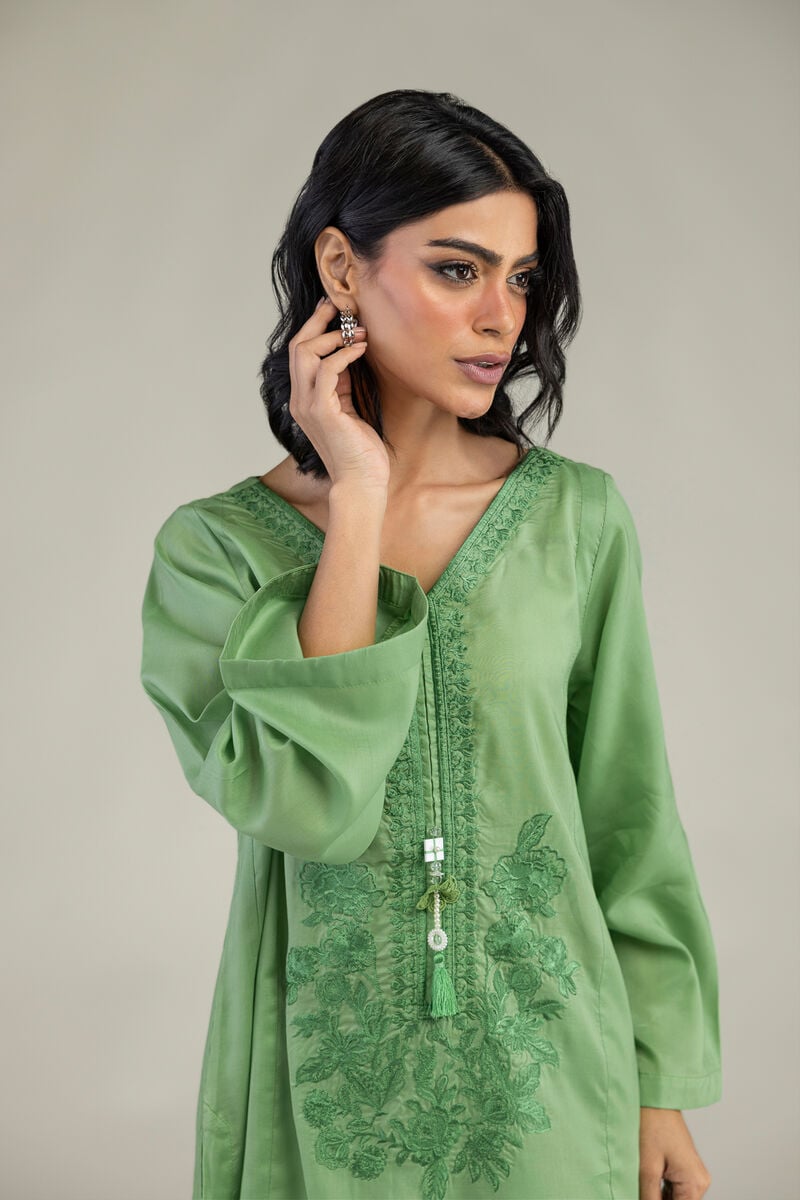Embroidered | Lyocell | Green V-Neck Kurta | USD 40.00