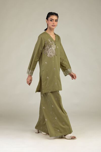 Embroidered | Cotton Dobby | Floral Olive Pants | USD 35.00