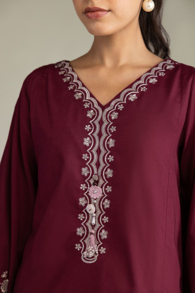 Embroidered | Cambric | Maroon Cambric Kurta | USD 40.00