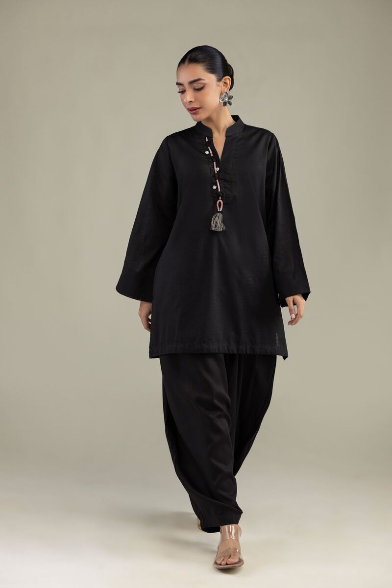 Dyed | Textured Cotton | V-Neck Black Kurta | USD 35.00